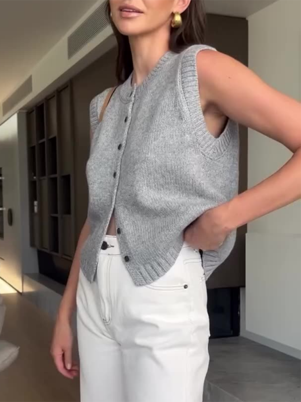 Knit Tops- Women's Knitting Button-Up Sleeveless Top- - Pekosa Women Fashion