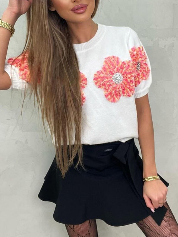 Damen-Kurzarm-Strickoberteil mit Blumenapplikationen