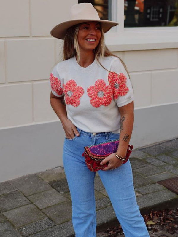 Damen-Kurzarm-Strickoberteil mit Blumenapplikationen