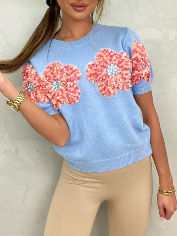 Women's Short Sleeve Knit Top with Flower Appliques