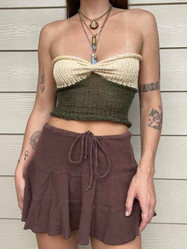 Knitting Tops- Knit Contrast Women's Sleeveless Open Back Cami Halter Top- Cracker khaki- Chuzko Women Clothing