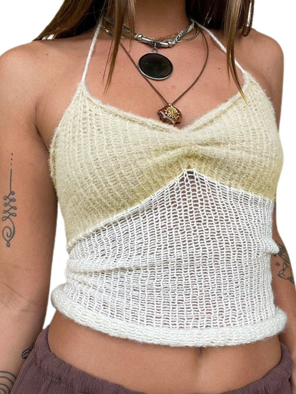 Knitting Tops- Knit Contrast Women's Sleeveless Open Back Cami Halter Top- - Chuzko Women Clothing