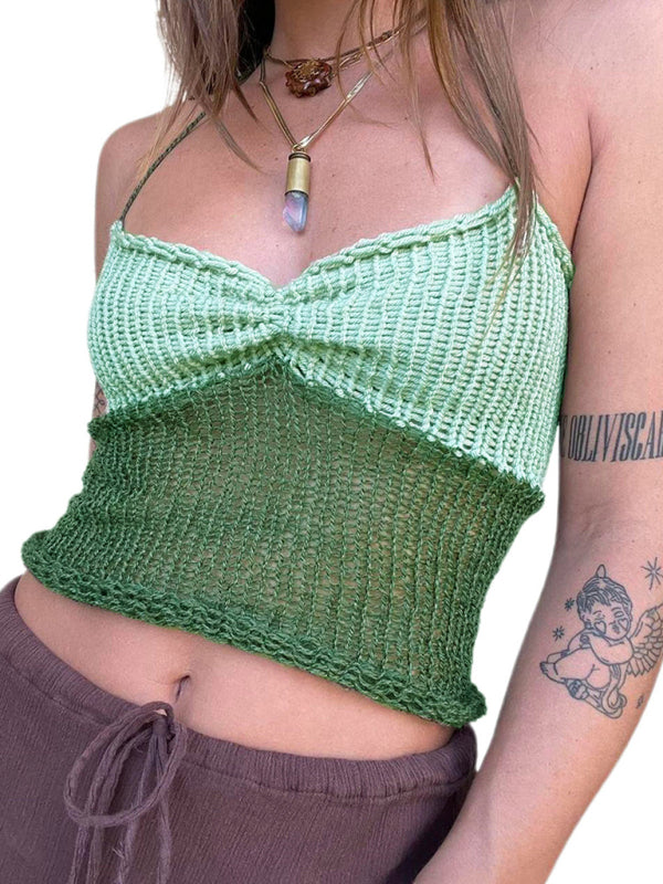 Knitting Tops- Knit Contrast Women's Sleeveless Open Back Cami Halter Top- - Chuzko Women Clothing