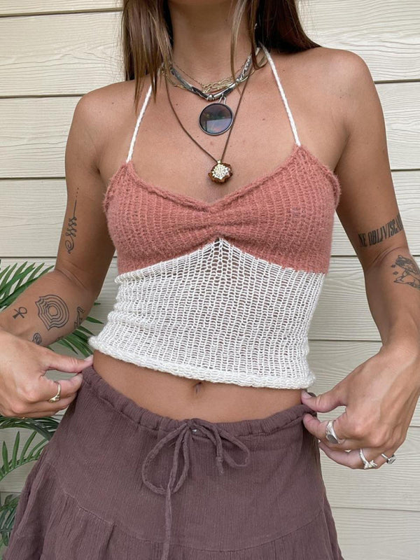 Knitting Tops- Knit Contrast Women's Sleeveless Open Back Cami Halter Top- Pattern2- Chuzko Women Clothing