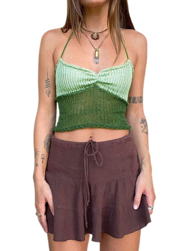 Knitting Tops- Knit Contrast Women's Sleeveless Open Back Cami Halter Top- - Chuzko Women Clothing