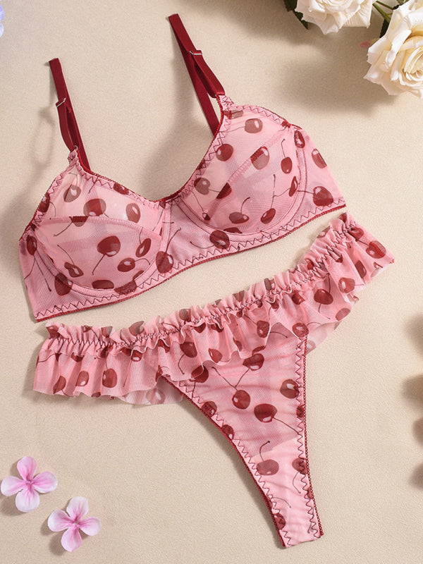 Lingerie - Frilly Cherry Lingerie Set for Romantic Nights