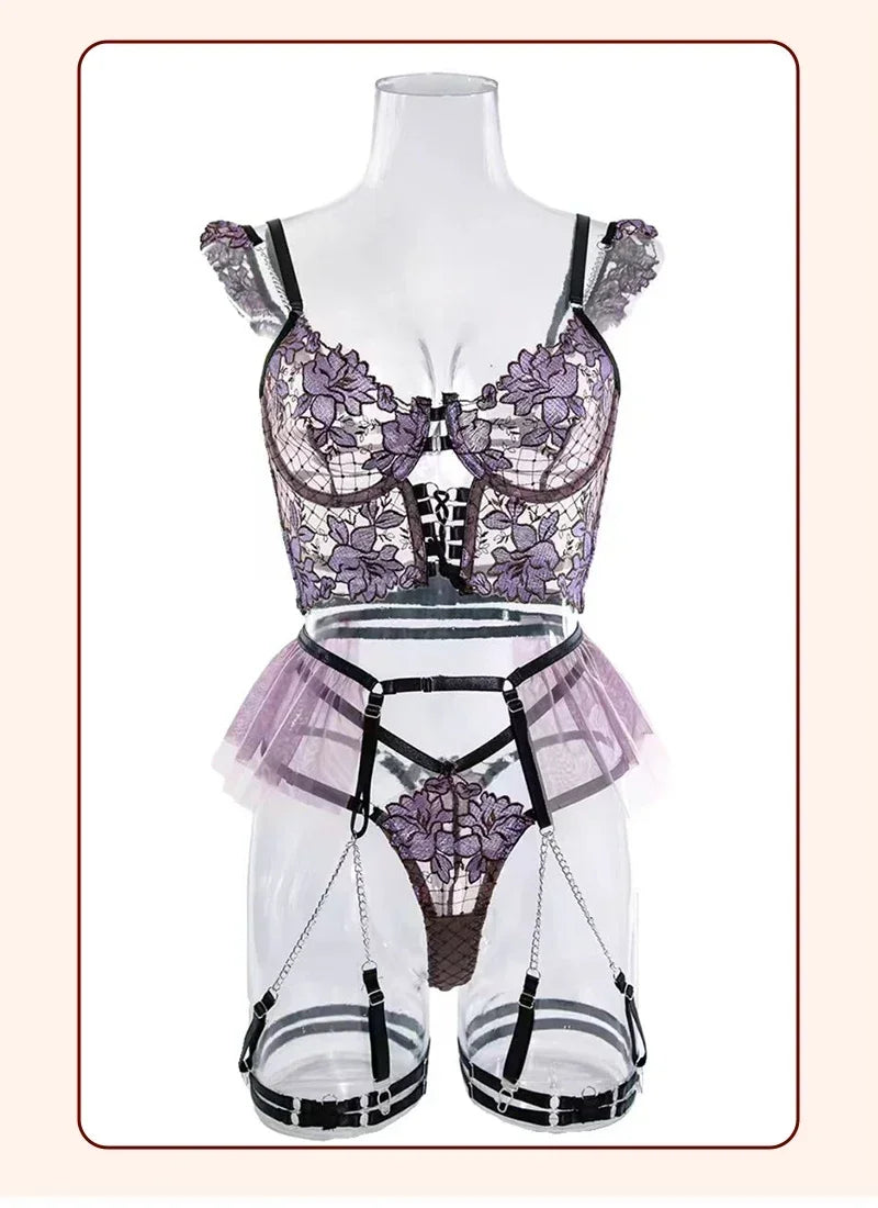 Lingeries - Floral Lingerie with Tulle Garter Belt Set for Intimate Celebrations