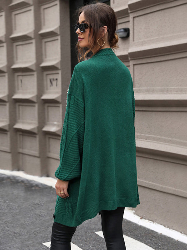 Longline Cardigans - Elegant Green Mid-Length Cardigan with Pearl Details