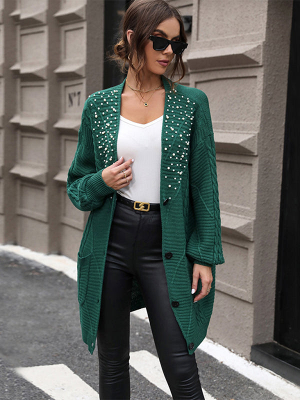 Longline Cardigans - Elegant Green Mid-Length Cardigan with Pearl Details