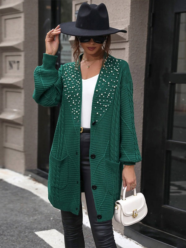 Longline Cardigans - Elegant Green Mid-Length Cardigan with Pearl Details
