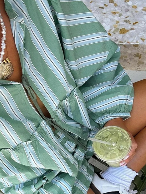 Lounge Outfit- Women's Striped Print Lounge Set with Tie-Up Blouse & Shorts- - Chuzko Women Clothing