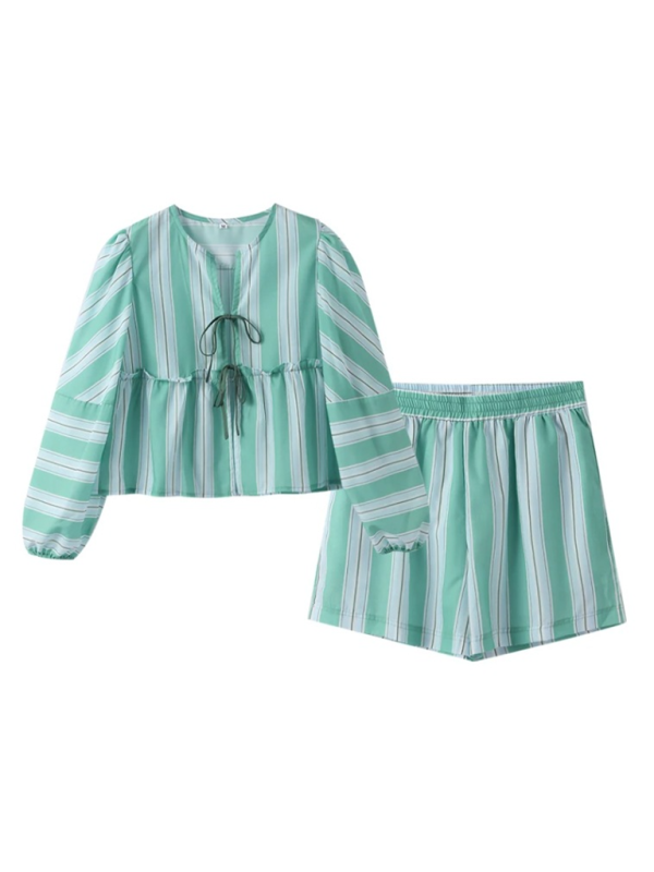 Lounge Outfit- Women's Striped Print Lounge Set with Tie-Up Blouse & Shorts- - Chuzko Women Clothing