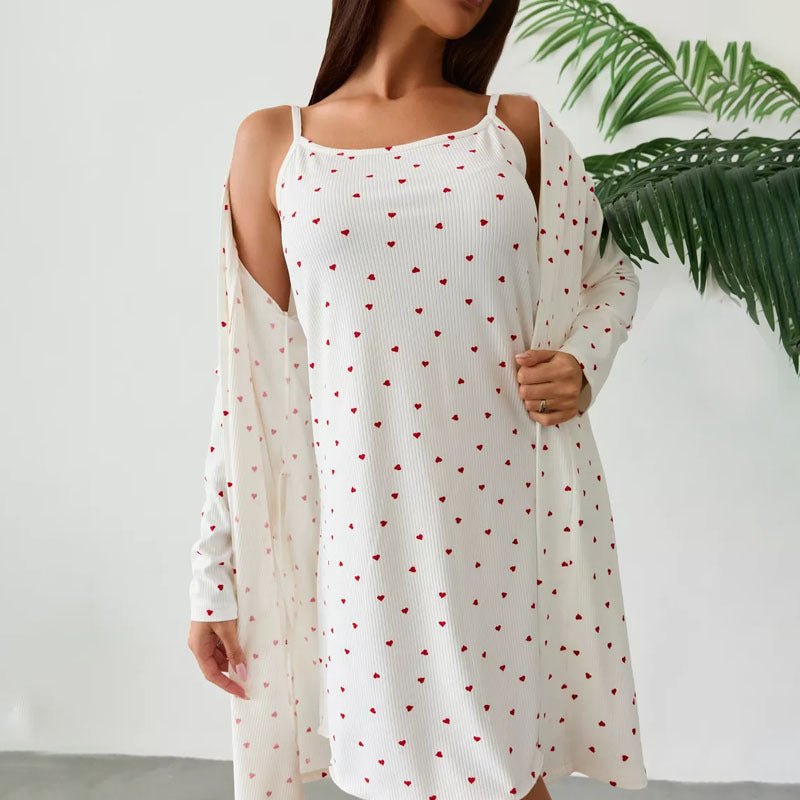 Loungewear - Heart Print Lounge Pajamas - Cami Dress & Robe Set
