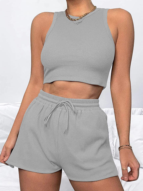 Loungewear- Summer Women's Textured Pajamas Set - Tank Top & Shorts Duo- Grey- Pekosa Women Fashion
