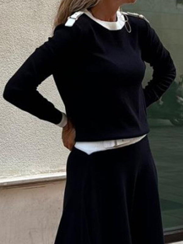 Matching Sets - Long-Sleeve Top and Maxi Skirt Set with Contrast Piping