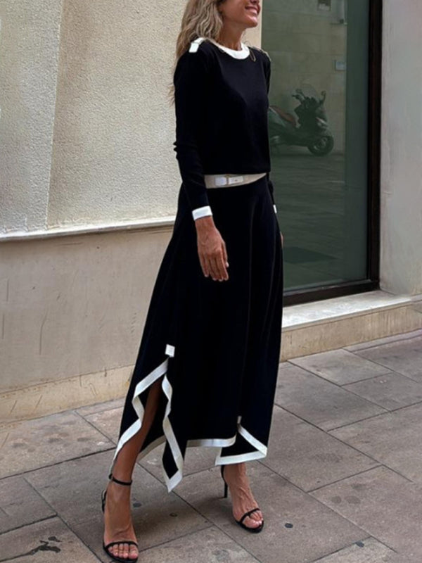 Matching Sets - Long-Sleeve Top and Maxi Skirt Set with Contrast Piping
