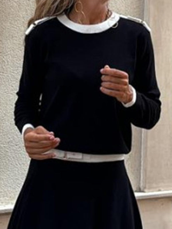 Matching Sets - Long-Sleeve Top and Maxi Skirt Set with Contrast Piping