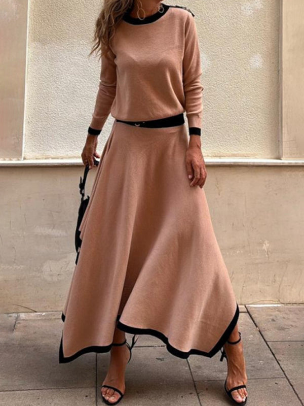 Matching Sets - Long-Sleeve Top and Maxi Skirt Set with Contrast Piping