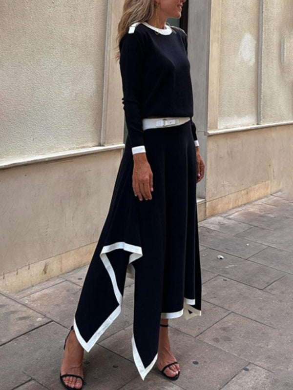 Matching Sets - Long-Sleeve Top and Maxi Skirt Set with Contrast Piping