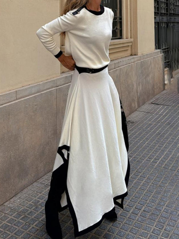 Matching Sets - Long-Sleeve Top and Maxi Skirt Set with Contrast Piping