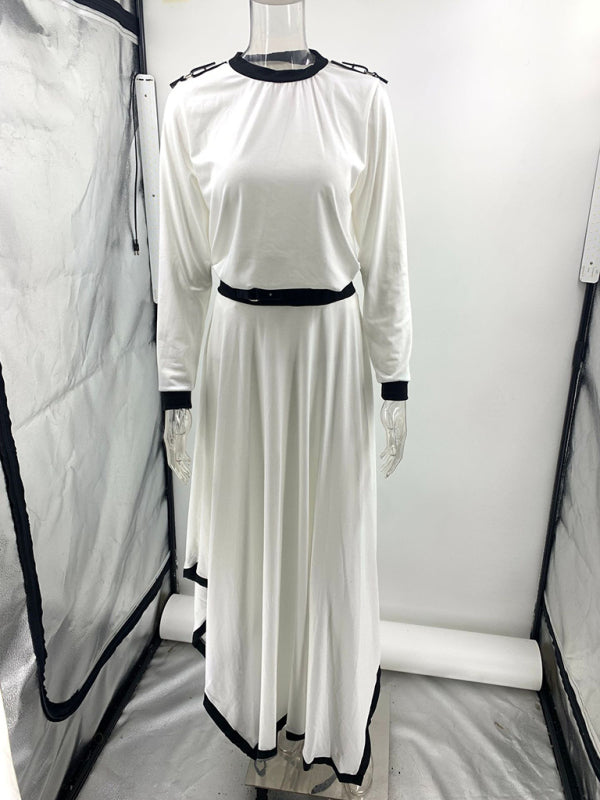 Matching Sets - Long-Sleeve Top and Maxi Skirt Set with Contrast Piping