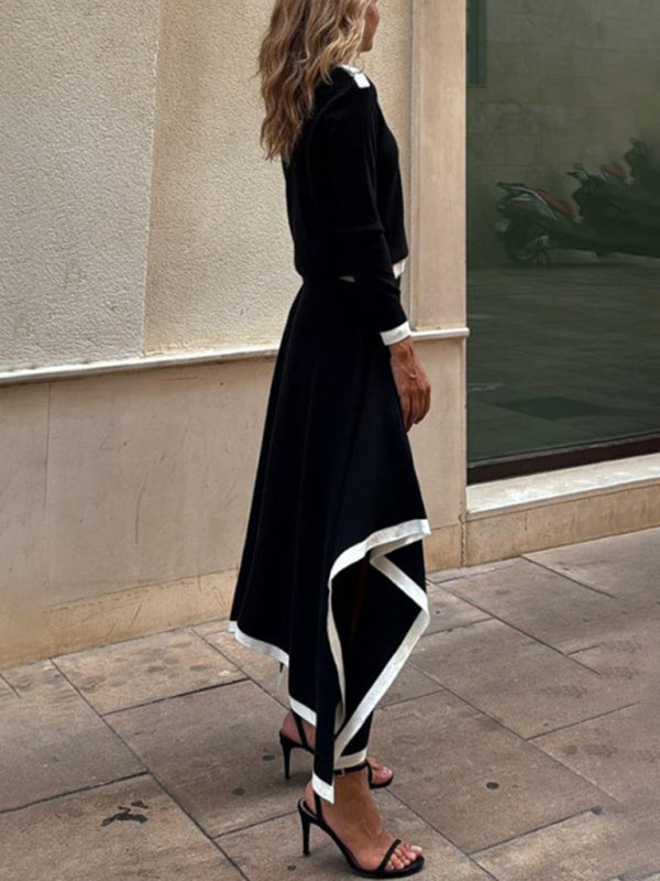Matching Sets - Long-Sleeve Top and Maxi Skirt Set with Contrast Piping