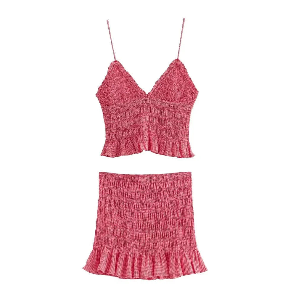 Matching Sets - Women's Frill Smocked Matching Set Cami and Mini Skirt