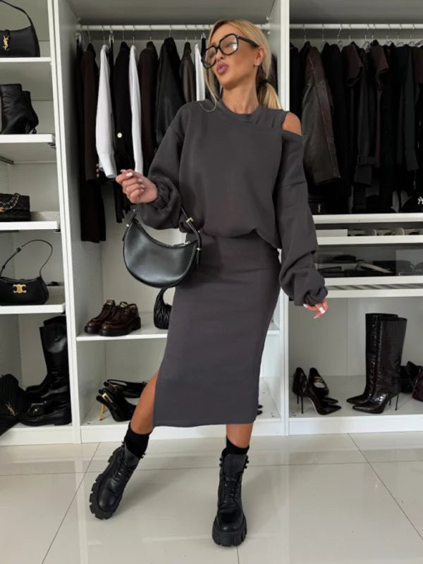 Matching sets - Casual Bodycon Midi Dress & Adjustable Sweatshirt Matching Set