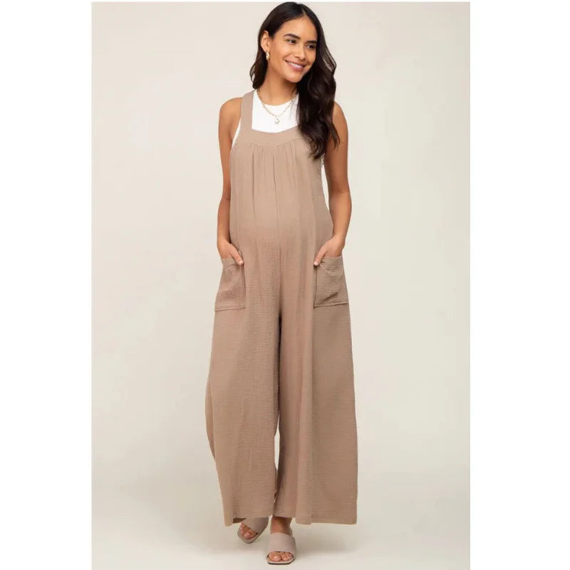 Maternity Playsuits- Casual Maternity Cotton Bib Playsuit - Wide-Leg Loose Jumpsuit- - Chuzko Women Clothing