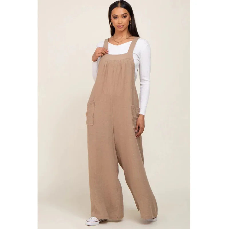 Maternity Playsuits- Casual Maternity Cotton Bib Playsuit - Wide-Leg Loose Jumpsuit- - Chuzko Women Clothing