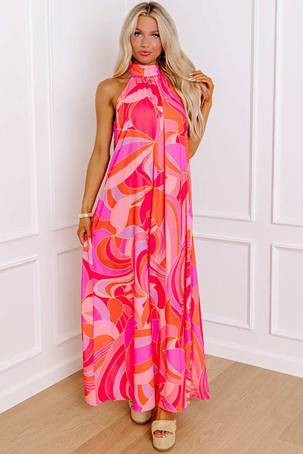 Maxi Dresses - Vibrant Rose Abstract Print Maxi Dress for Summer