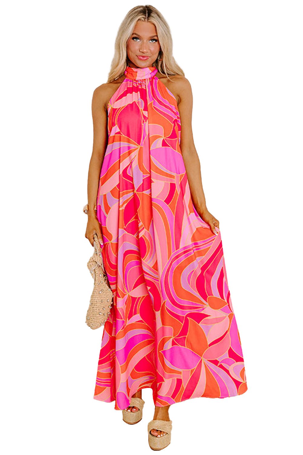 Maxi Dresses - Vibrant Rose Abstract Print Maxi Dress for Summer