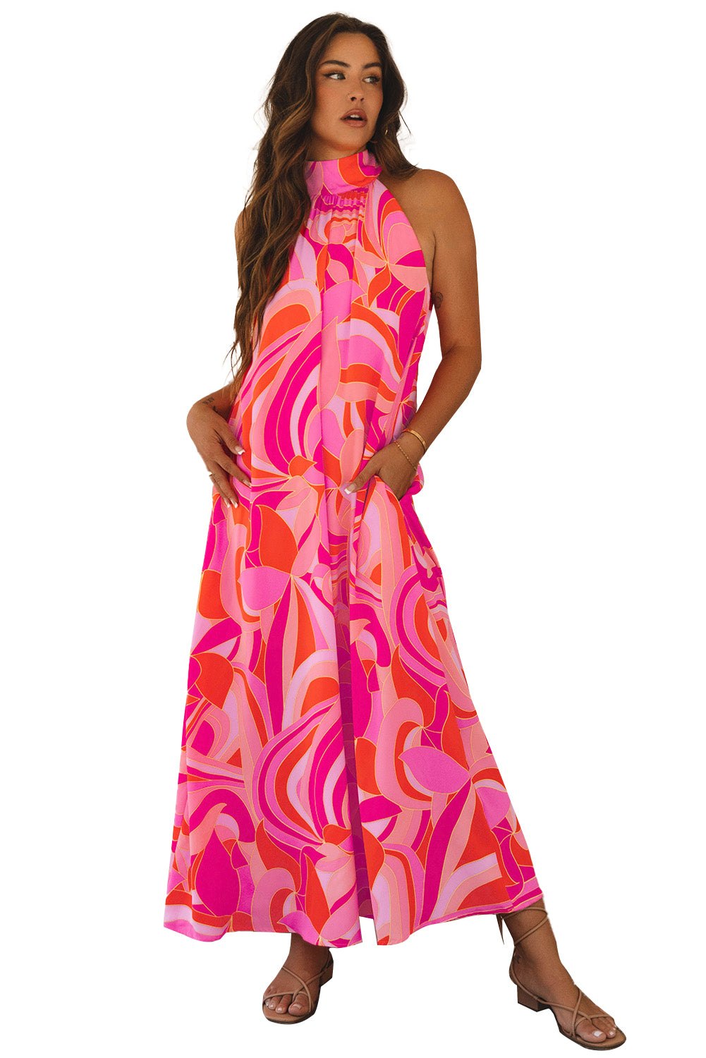 Maxi Dresses - Vibrant Rose Abstract Print Maxi Dress for Summer