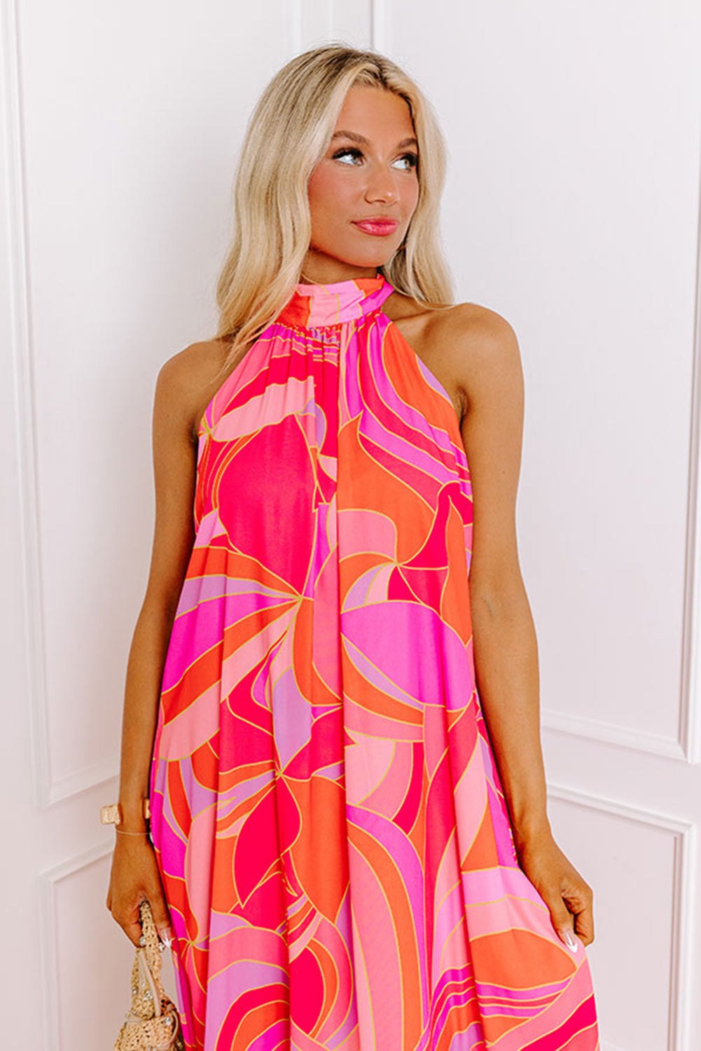Maxi Dresses - Vibrant Rose Abstract Print Maxi Dress for Summer