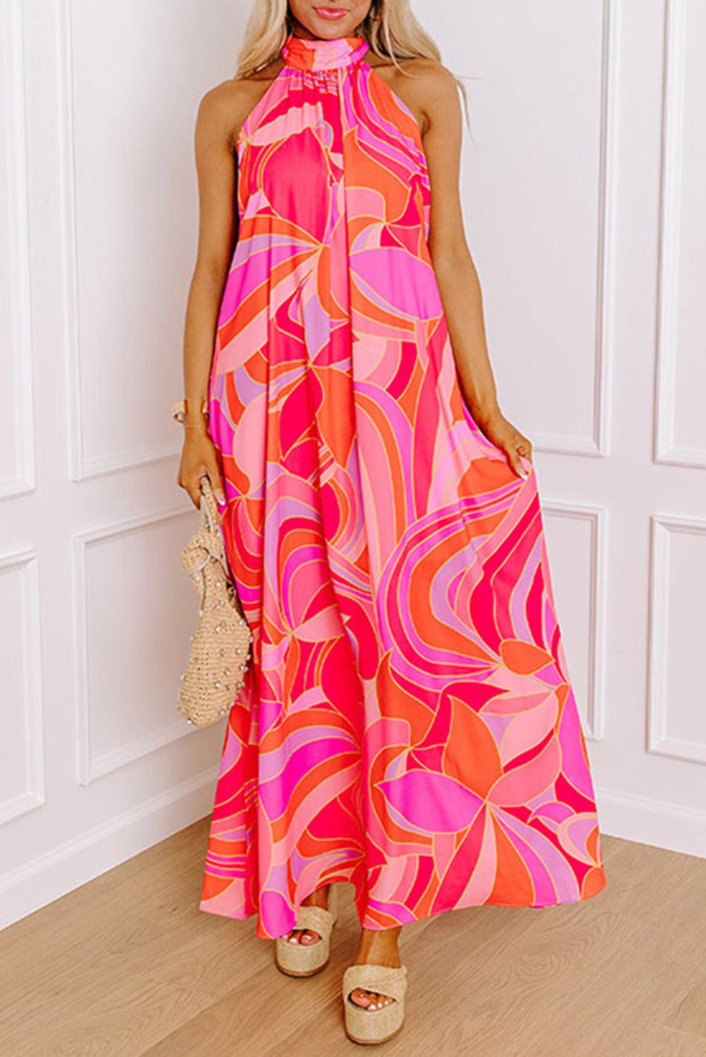 Maxi Dresses - Vibrant Rose Abstract Print Maxi Dress for Summer