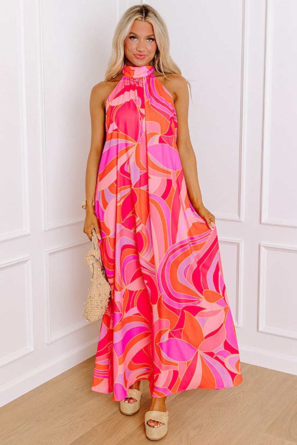 Maxi Dresses - Vibrant Rose Abstract Print Maxi Dress for Summer
