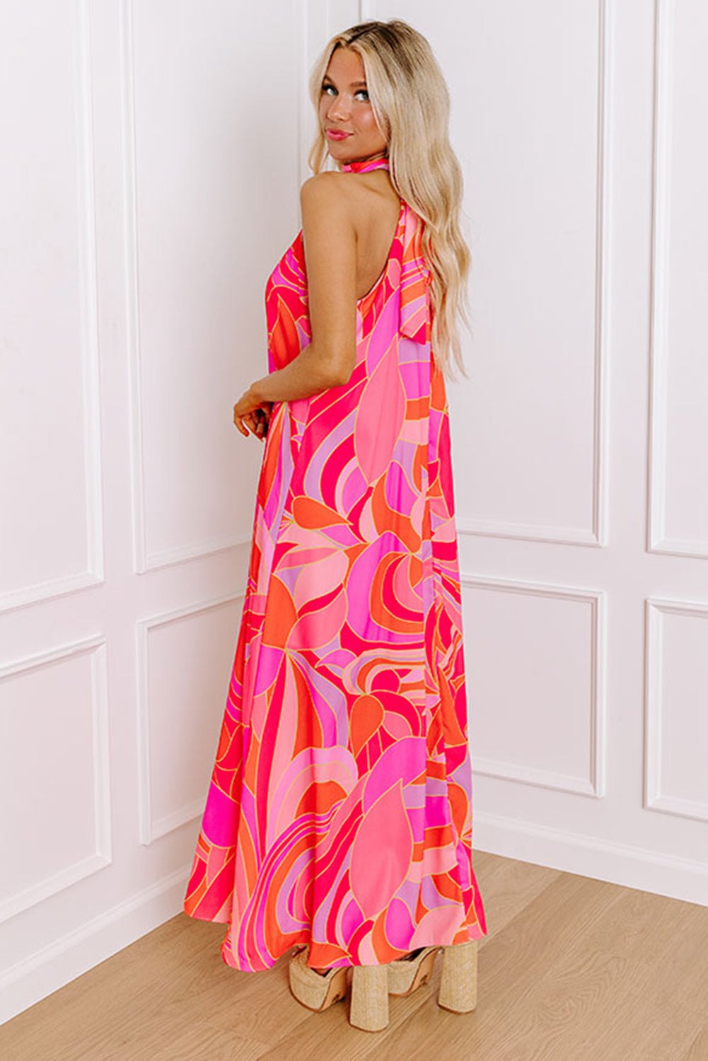 Maxi Dresses - Vibrant Rose Abstract Print Maxi Dress for Summer