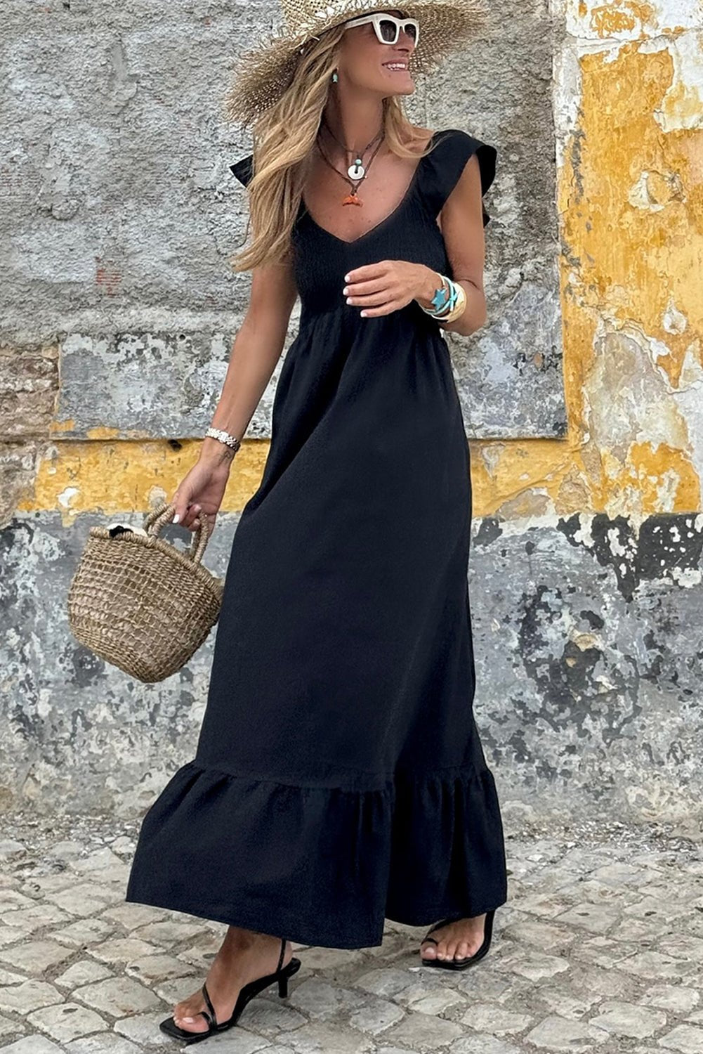 Maxi Dresses - Summer Maxi Dress with Smocked Bodice for Women