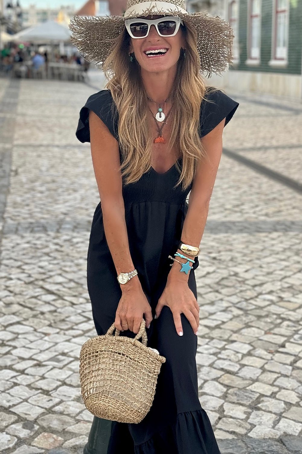 Maxi Dresses - Summer Maxi Dress with Smocked Bodice for Women