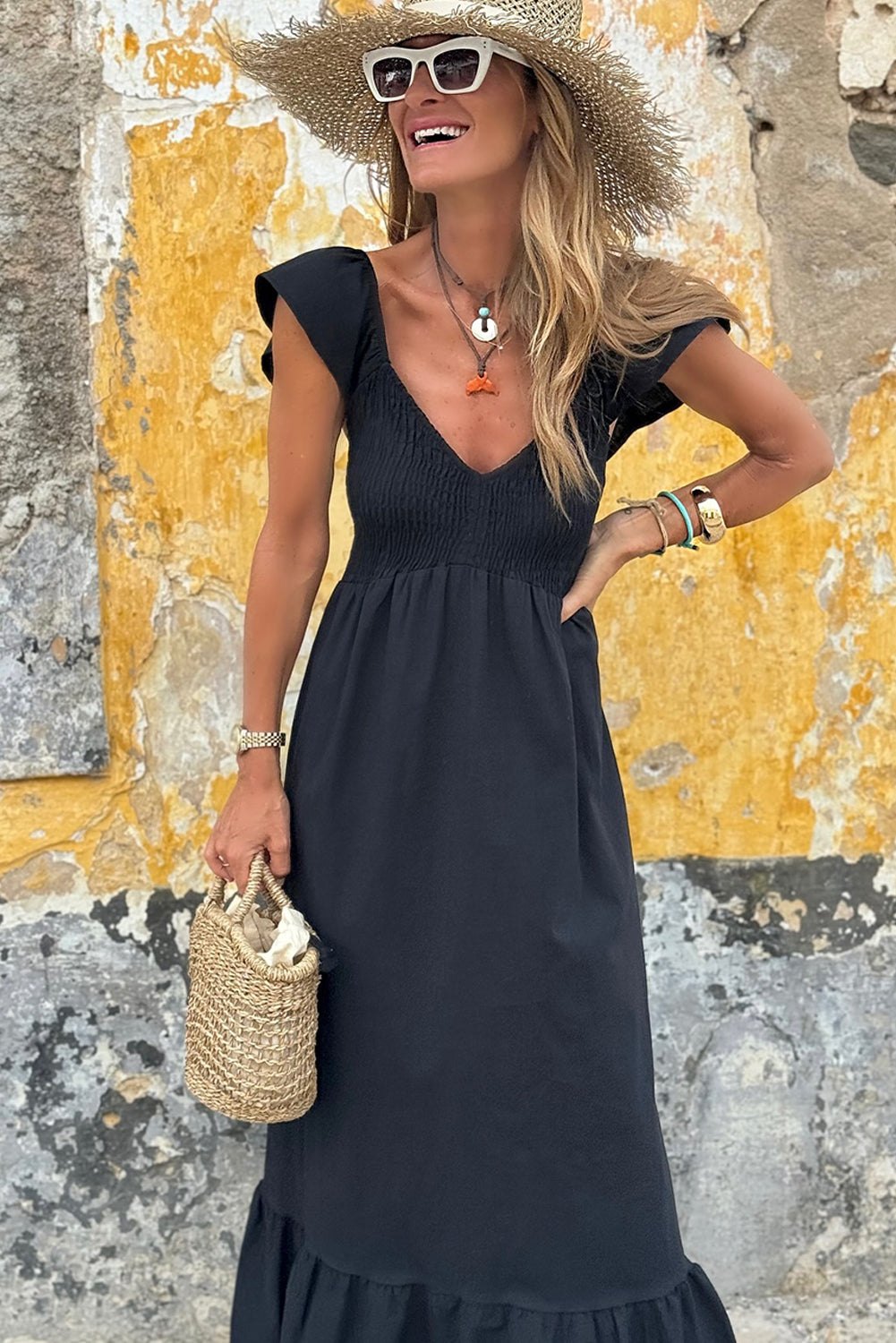 Maxi Dresses - Summer Maxi Dress with Smocked Bodice for Women