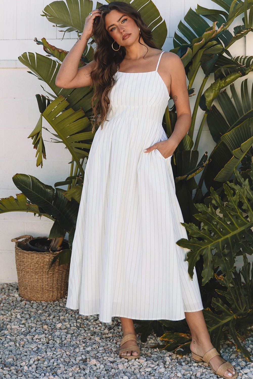 Maxi Dresses - Casual Summer Striped Midi Dress with Pockets