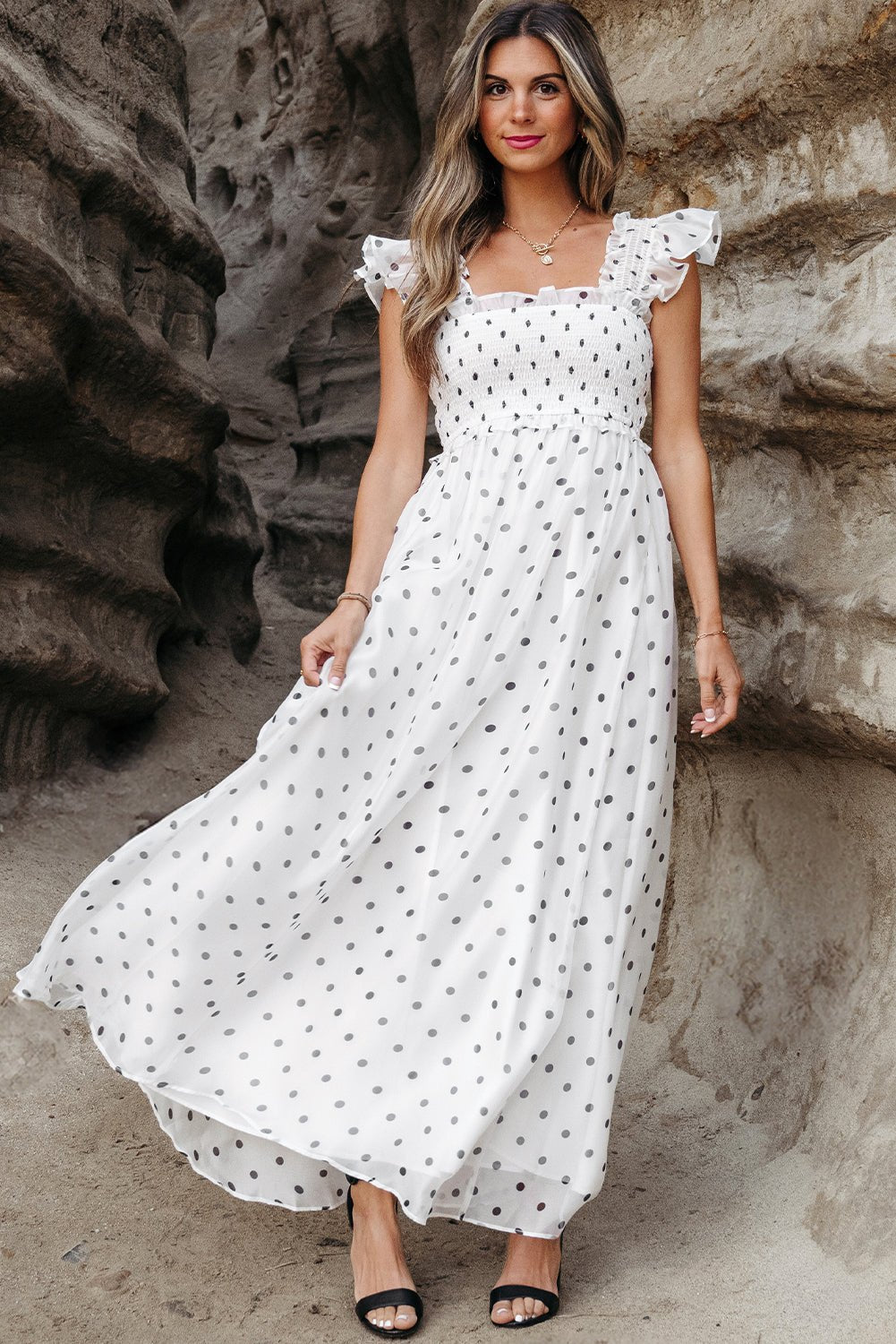 Maxi Dresses - Casual Summer Polka Dot Maxi Dress