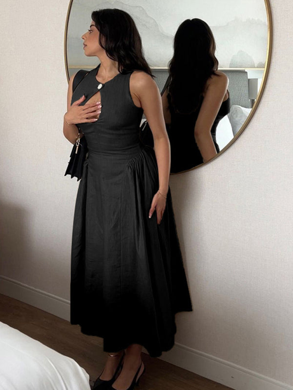 Midi Dresses - Casual Tea-Length Dress with Basque Waist