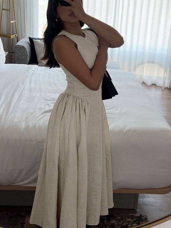 Midi Dresses - Casual Tea-Length Dress with Basque Waist