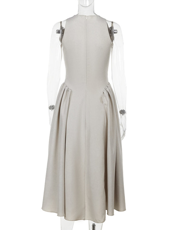 Midi Dresses - Casual Tea-Length Dress with Basque Waist