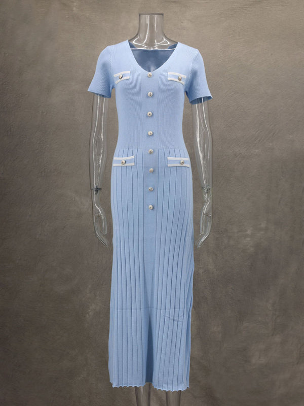 Midi Dresses - Fall Ribbed Knit V-Neck Buttoned Midi Dress