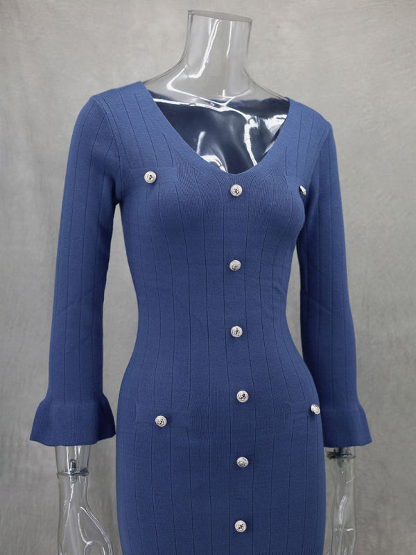 Midi Dresses - Fall Ribbed Knit V-Neck Dress with Golden Button