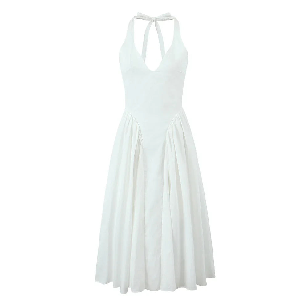 Midi Dresses- Halter Dress Perfect for Garden Weddings- White- Pekosa Women Fashion