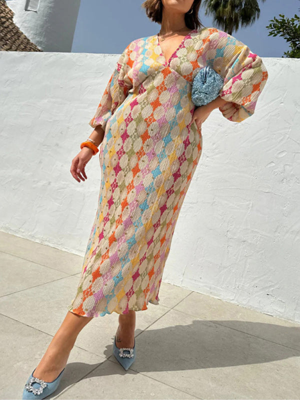 Midi Dresses - Geo Floral Bishop Sleeve Gathered Waist Midi Dress