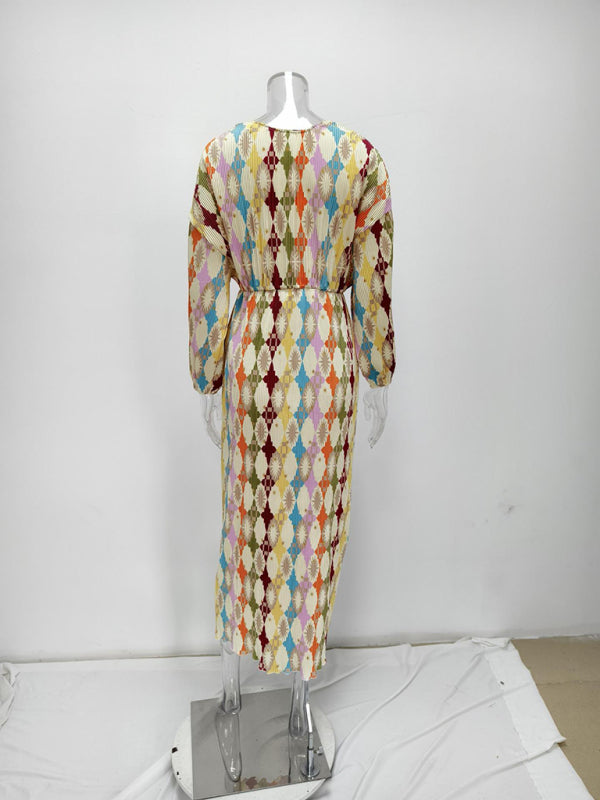 Midi Dresses - Geo Floral Bishop Sleeve Gathered Waist Midi Dress